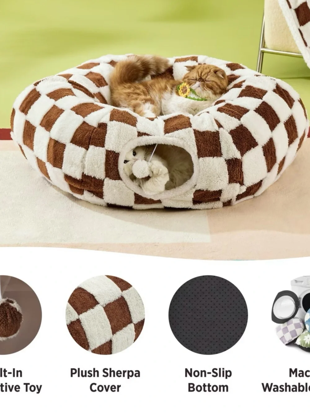 BEDSURE Plush Checkered Cat Tunnel & Bed 🏁🤎🐾🐈